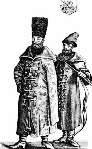 Русские бояре. Гравюра из книги Адама Олеария "Описание путешествия Голштинского посольства в Московию и Персию".
