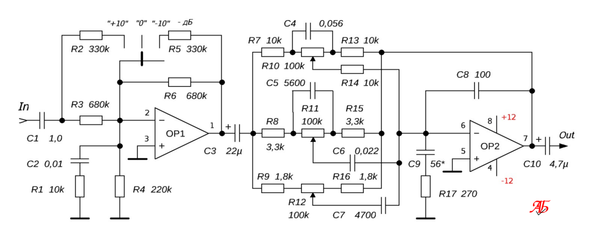 Трехполосный эквалайзер с пассивными фильтрами на операционных усилителях.
