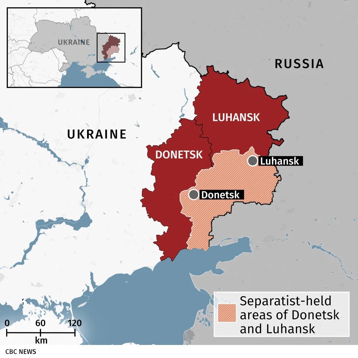 Регион Донбасса на востоке Украины в настоящее время разделен на территорию, контролируемую правительством, выделенную красным цветом, и территорию, удерживаемую поддерживаемыми Россией сепаратистами, выделенную оранжевым цветом. Противоборствующие стороны ведут боевые действия с 2014 года (CBC News)