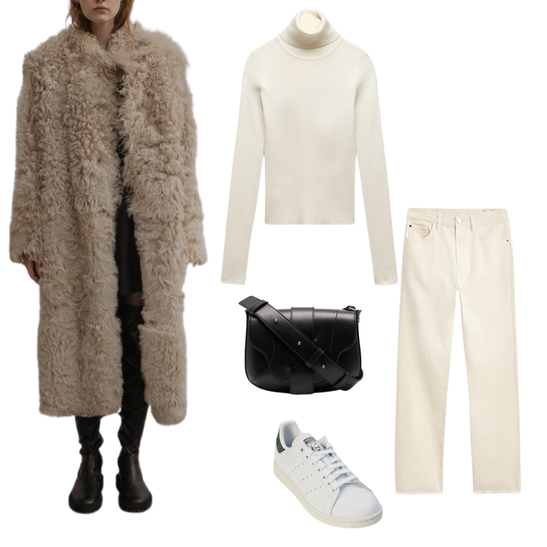 Шуба Luna от Luda Nikishina, 162 000₽, кроссовки Adidas Stan Smith, 7 500₽, джинсы Massimo Dutti, 5 990₽, Свитер с горлом, 1 999₽, сумка Hogan цена на Farfetch 52 244₽