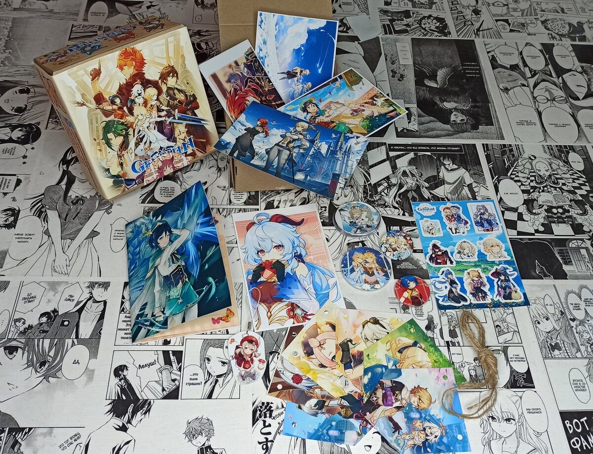 Геншин импакт мини-бокс. Купить в 
 заказать на сайте: https://kimito.ru/products/genshin-impact-box1

В комплект входит:
Значки - 4 шт
Блокнот 
Открытки почтовые - 5 шт
Наклейки
Флажки-гирлянда
Брелок ламинированный
Вкусняшка - сюрприз