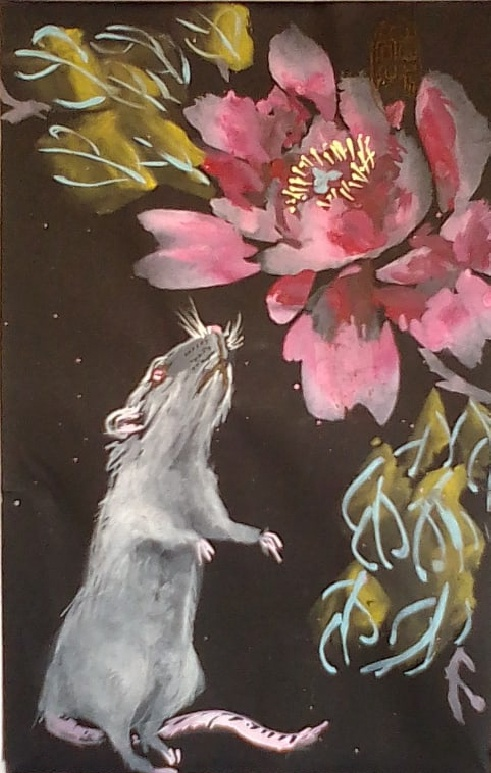 Открытка "Крыска и пион" Китайская тушь, минеральные краски, чёрная рисовая бумага