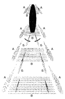 Схема образования волн при  движении судна на спокойной воде: 
А — носовые расходящиеся  волны; 
Б — кормовые расходящиеся волны; 
В — поперечные волны