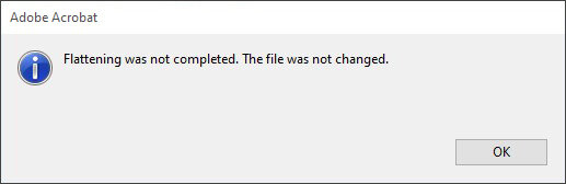 Иллюстрация 1. Окно с текстом «Объединение слоев не завершено. Файл не изменен.» при попытке преобразования текста в кривые с помощью Flattener Preview в Adobe Acrobat