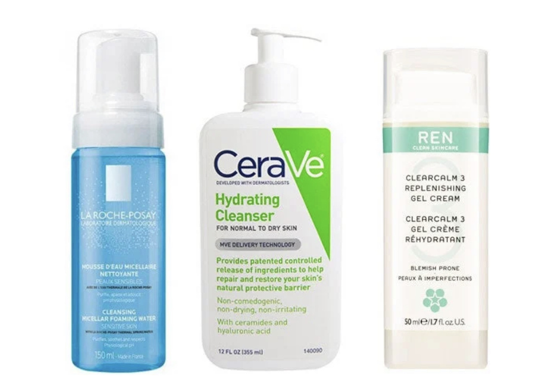 Cleansing Micellar Foaming Water, Roche-Posay; Hydrating Cleanser, CeraVe; Clearcalm 3 Replenishing Gel Cream, REN