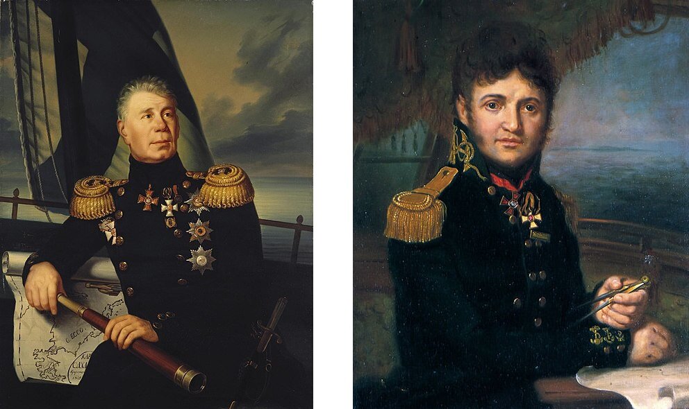 Крузенштерн и Лисянский - мореплаватели первого русского кругосветного путешествия. Источник: https://commons.wikimedia.org/wiki/File:Kruzenshtern_I_F.jpg?uselang=ru и https://commons.wikimedia.org/wiki/File:Yuriy_Lisyansky_portrait_by_Vladimir_Borovikovsky.jpg?uselang=ru