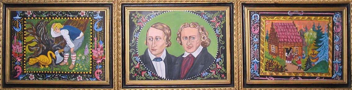 Триптих. Портрет братьев Гримм с сценами из сказок "Золотой гусь" и "Гензль и Гретель"