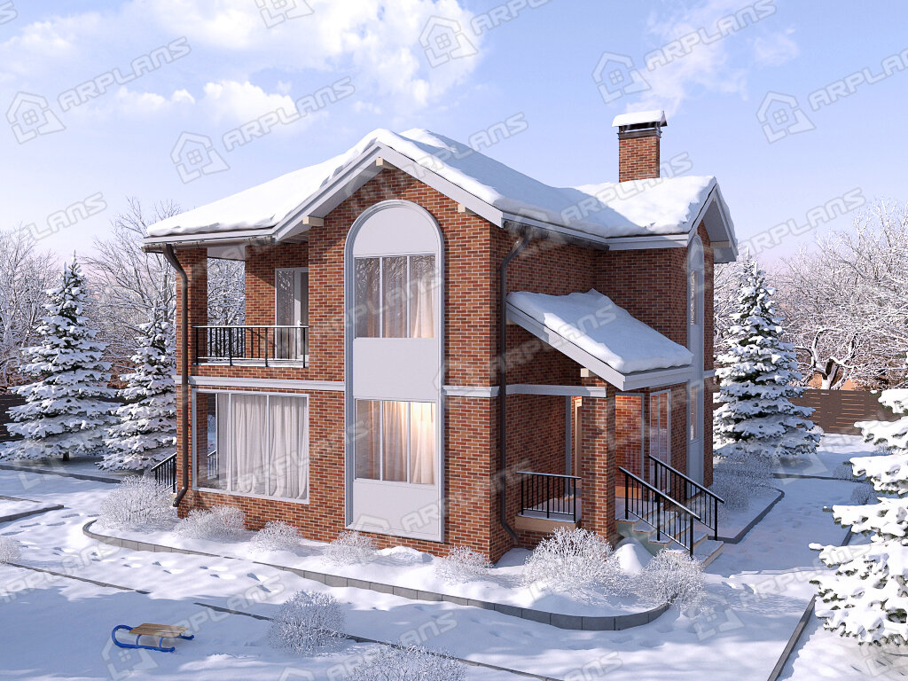 Фото 1 двухэтажного дома из кирпича с 3 спальнями, балконом, газовой котельной и террасой. Полезная площадь 136 кв м. Источник arplans.ru Проект К-087