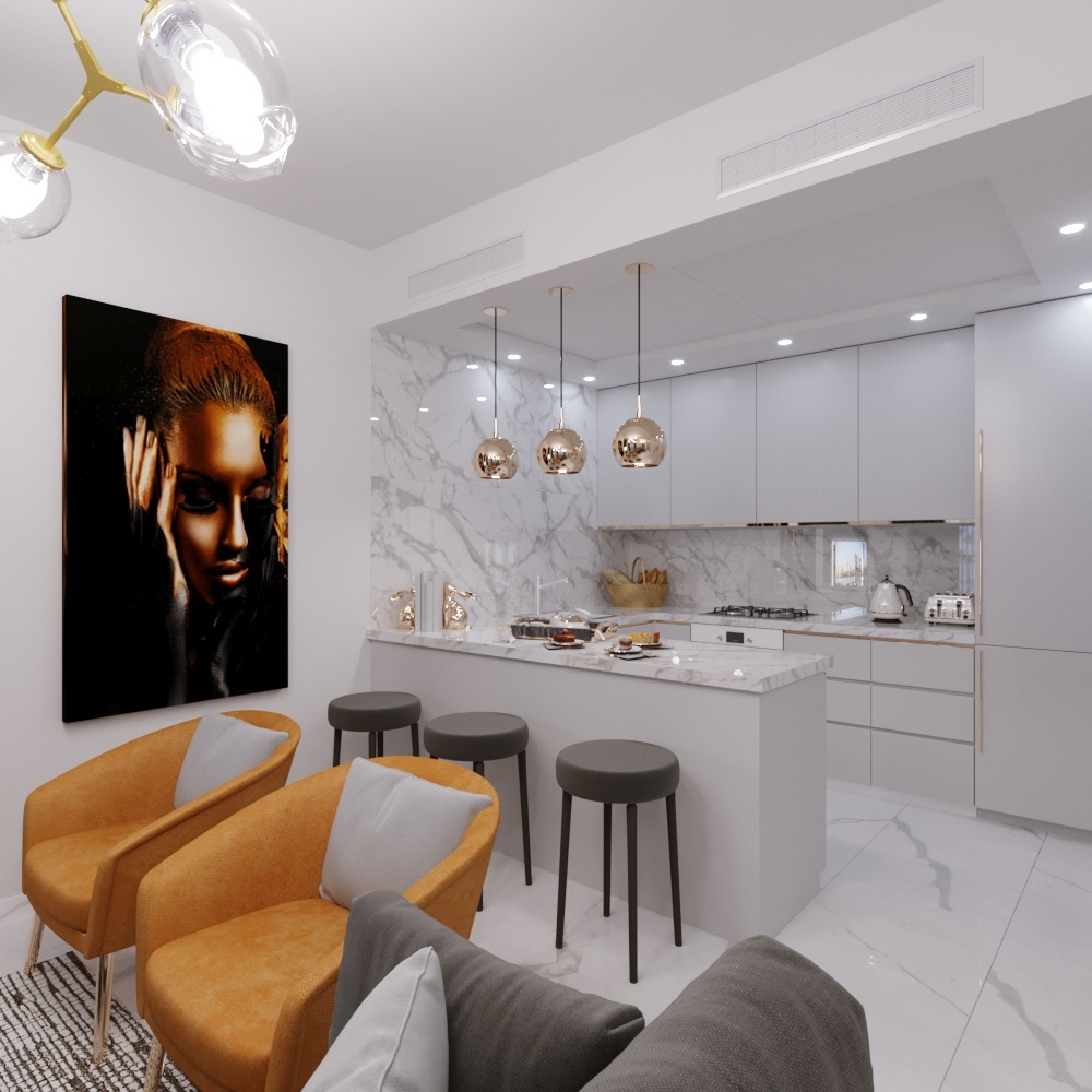 Интерьеры здания выполнены в светлых тонах с использованием мрамора, травертинового камня и позолоты. 