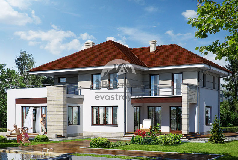 Проект дома 295 м2 с двухместным гаражом, кабинетом, балконом и террасой - 105-35