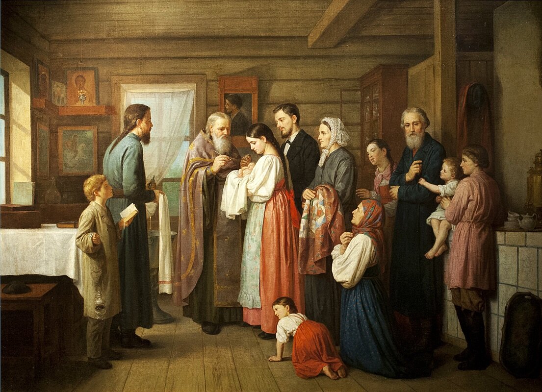 Картина Акима Егоровича Карнеева "Крестины". 1870-е гг.