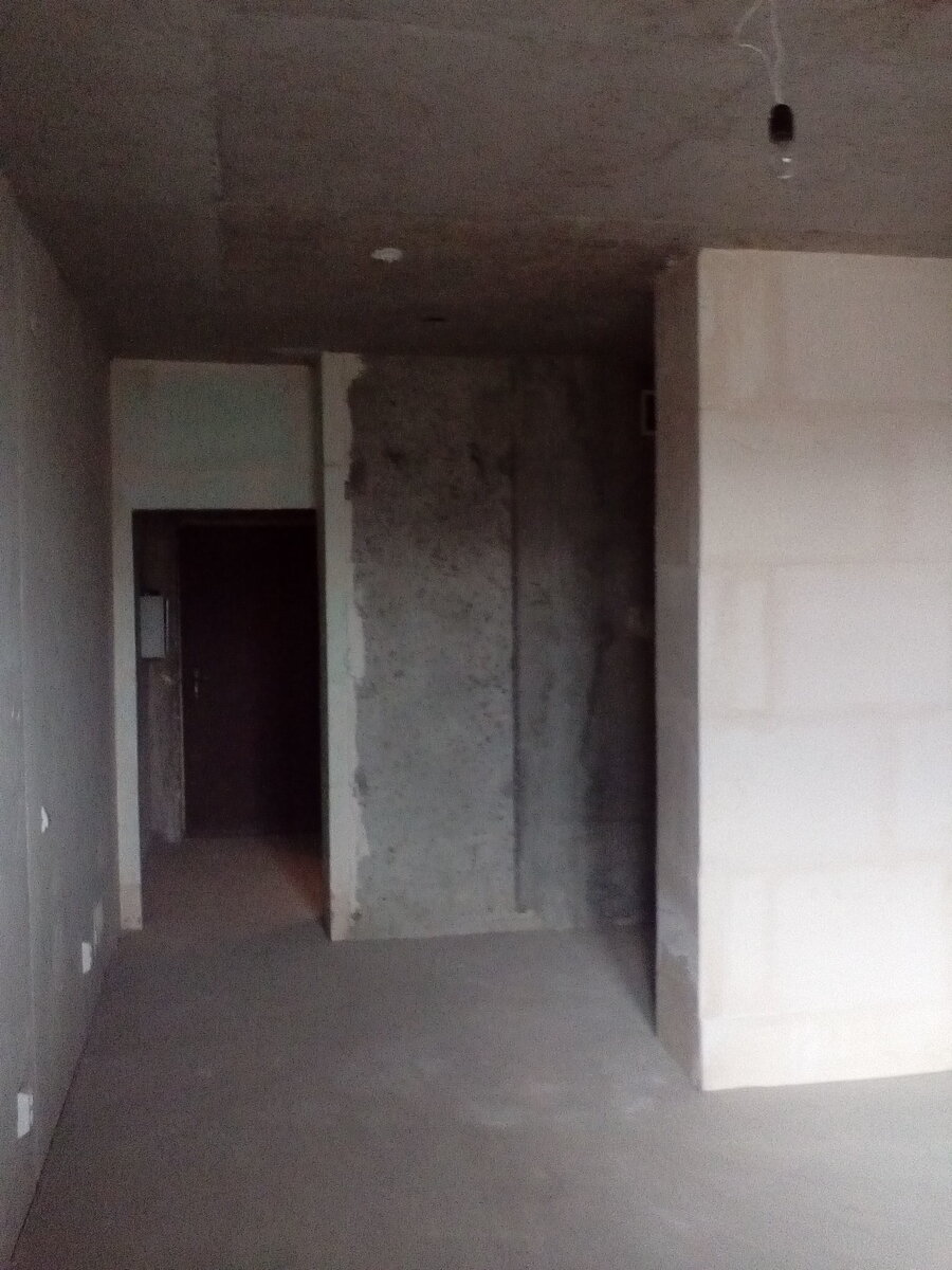 фото бетонной коробки студии со стороны окна (вид на входную дверь)
