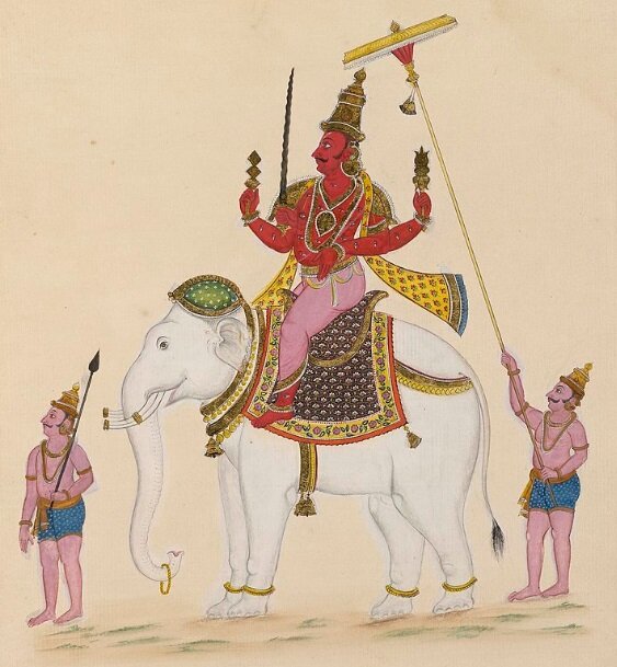 Индуистский бог Индра верхом на Айравате с ваджрой. Согласно индуистской мифологии, это оружие сделано из костей Махарши Дадхичии.