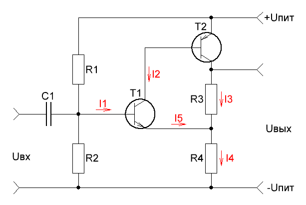 Схема не инвертирующего усилителя с большим Rвх на двух транзисторах.