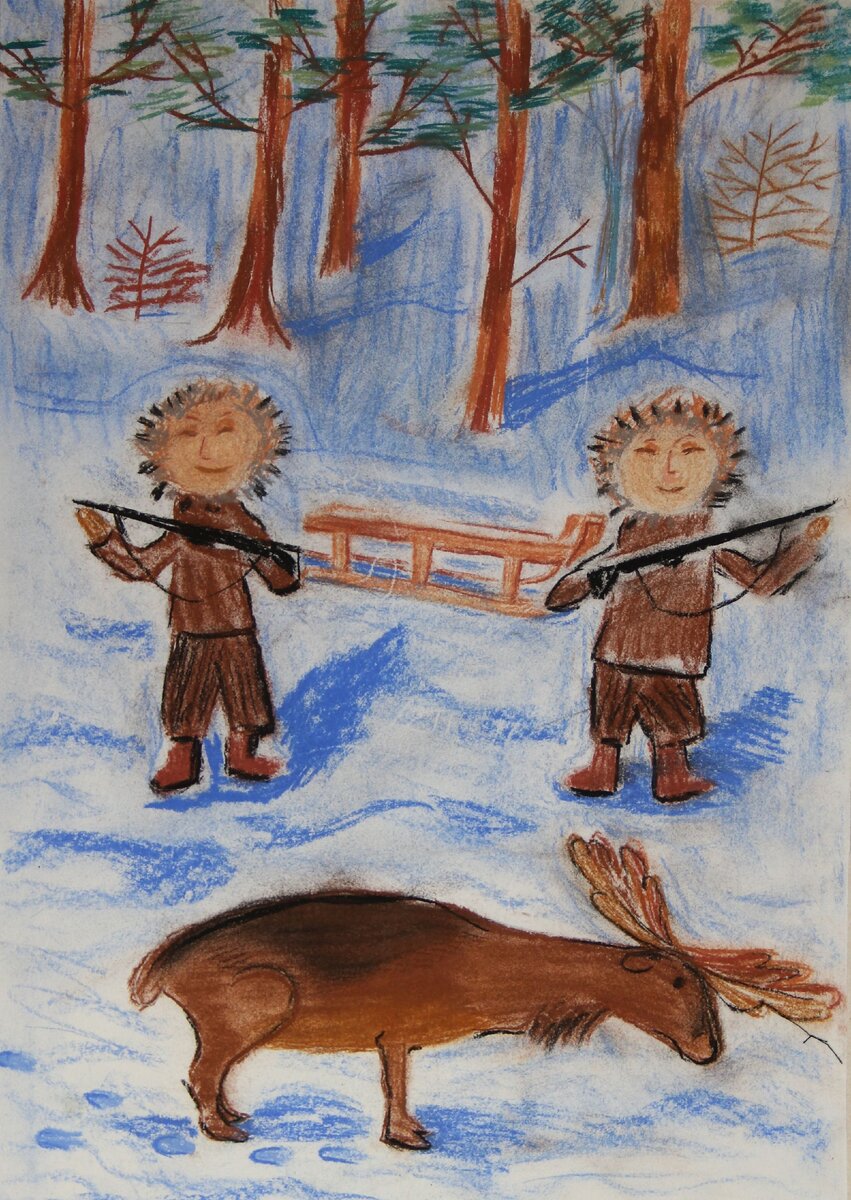 Двое охотников. Рис. Лапина Тимофея, 9 лет