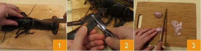 Чтобы приготовить спагетти с лобстером на виду, начните с очистки омара. Возьмите омаров и ножом разделите их пополам на длину 1, затем сломайте стенки когтей с помощью щелкунчика, чтобы из мяса вышла вкусная жидкость 2. Лук-шалот 3 мелко нарезать и