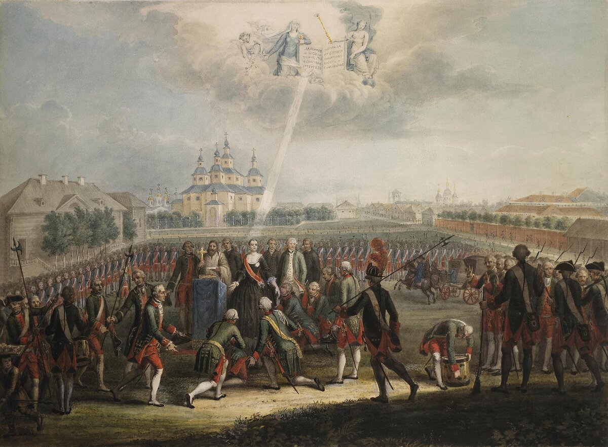 Неизвестный художник (автор оригинала: Иоахим Кестнер) «Присяга Измайловского полка Екатерине II» / Эрмитаж, Санкт-Петербург