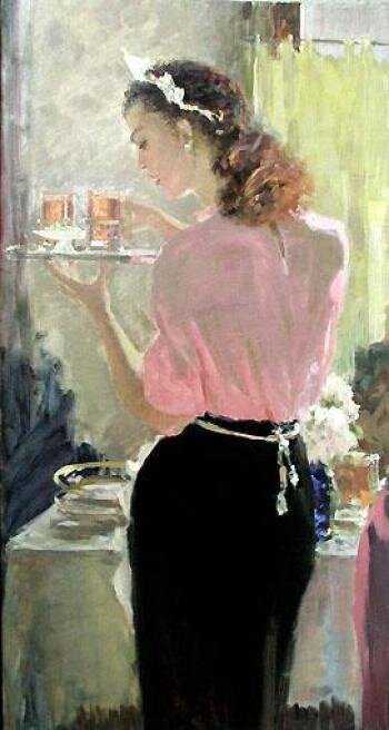 Самохвалов Александр Николаевич "Официантка". Этюд к картине "Встреча друзей" (Ленинград, 1945г., масло, холст) из собрания Новокузнецкого художественного музея.