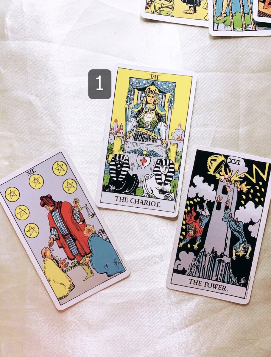 Колесница и доп карты 6 пентаклей и башня.