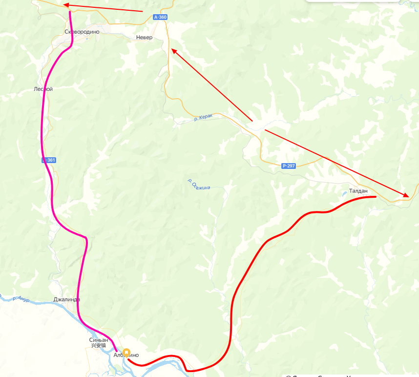 Красным цветом - дорога от Талдана до Албазина. Сиреневым от Сковородино до Албазина. Стрелочками указана трасса Амур. 