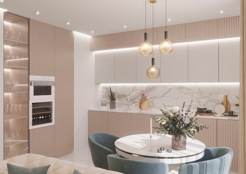 «Мягкий» минимализм в интерьере столовой, выполненной ведущим дизайнером DSK Group