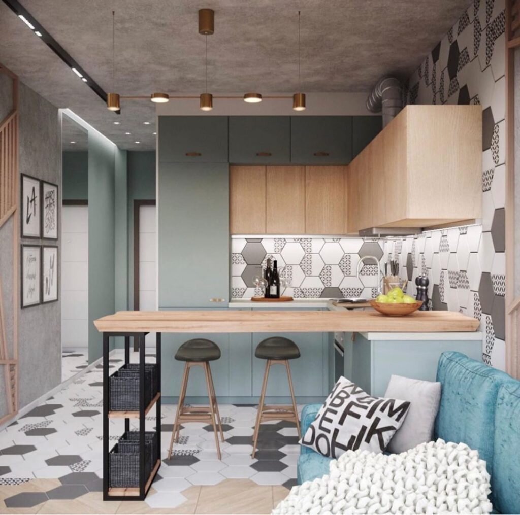 Этот проект студии площадью 27 м² в необычной палитре создан студией Олега Кургаева. В небольшой квартире сложно позволить тратить место на предметы декора, поэтому текстуры становятся главным декоративным инструментом. 