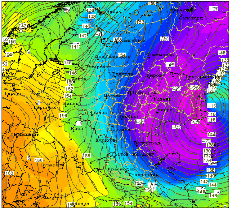 
Температура Т850 (высота около 1,5 км ) днем 23.02.2021
Над восточной частью ЕТР расположился очаг холод, а над Европой господствует теплый воздух, который в ближайшие дни распространится на восток, принеся в ЦФО оттепель
Источник – Meteoweb.ru