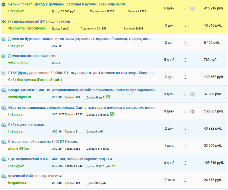Сразу же первая ссылка — сайт с доходом в 52 000 рублей стоит 416 тыс. 
