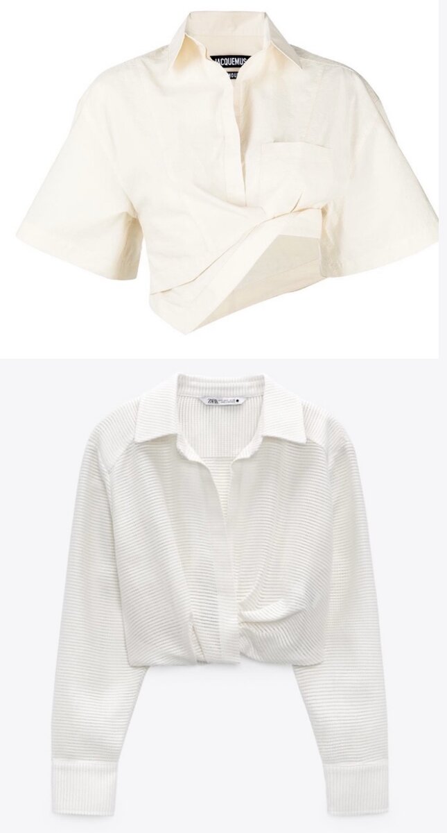 Коллаж автора (рубашка Jacquemus, цена  26 500 руб ; рубашка Zara, цена 4499 руб.) фото Farfetch.com, Zara.com