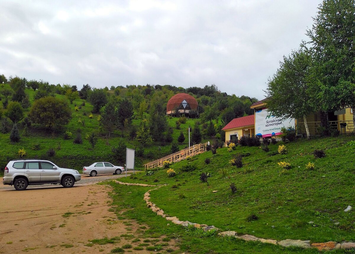 Парковка для машин перед входом в «Алтайское Холмогорье» довольно обширная и бесплатная