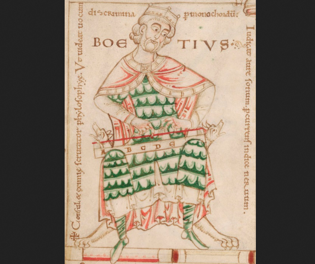 Боэций с монохордом. Фрагмент книжной миниатюры в кембриджской рукописи, около 1150 г.