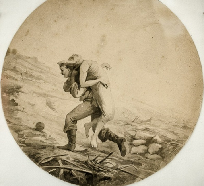 Петр Кошка выносит тело сапера Степана Трофимова. Рисунок художника Прянишникова