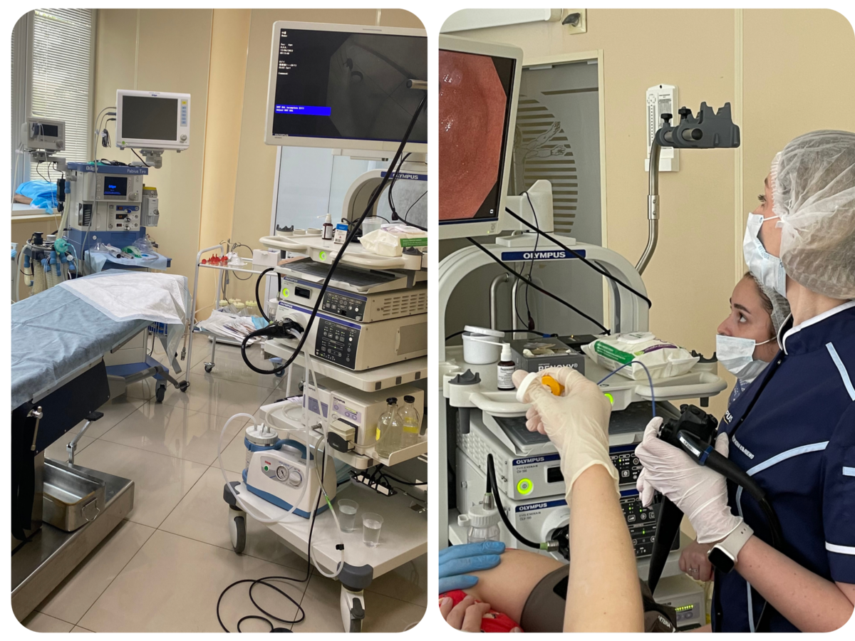 Слева кабинет эндоскопии клиники "ДАВИНЧИ". Справа специалисты клиники "ДАВИНЧИ" проводят процедуру гастроскопии. 