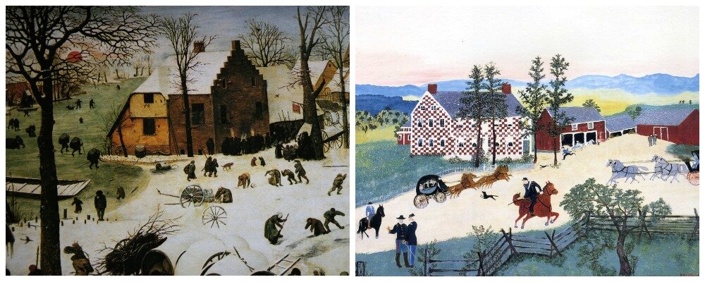 Слева - картина Брейгеля, справа - бабушки Мозес