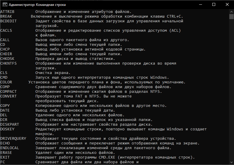 Список команд командной строки
