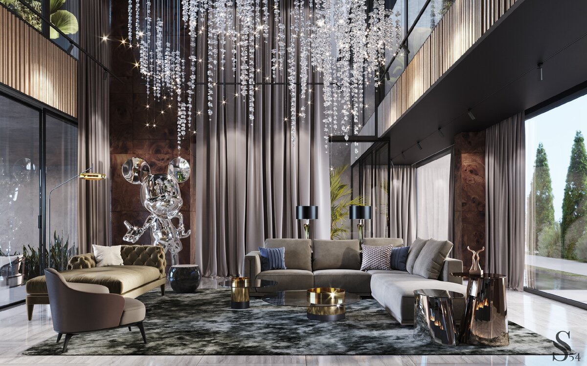 Необычный элемент главной гостиной - зеркальная скульптура Микки Мауса