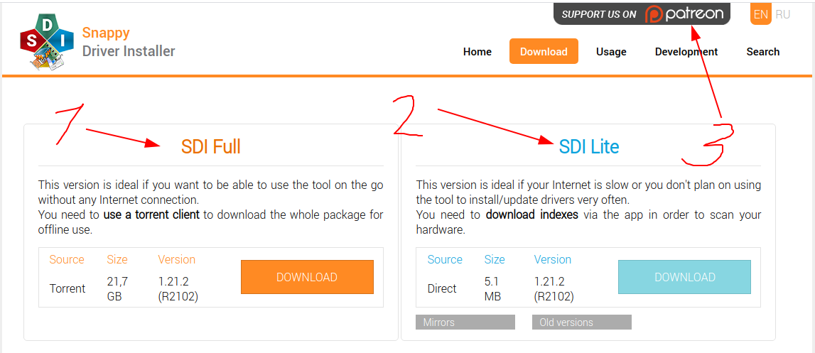Обратите внимание на 3 вещи:
1. Полная версия, для офлайн использования, много весит, но содержит практически все драйвера
2. Версия для онлайн установки, не содержит лишнего, но нужно, чтобы уже были драйвера на работу с сетевыми картами или Wi-Fi
3. Поддержка проекта через Patreon