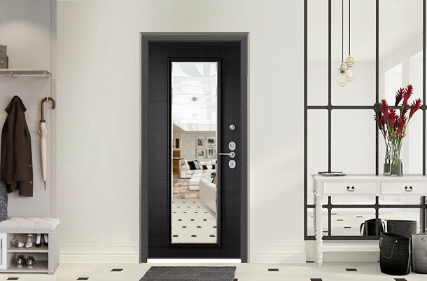  Черная входная дверь Ultimatum Next в сочетании с керамической плиткой