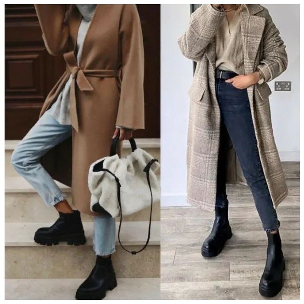 Актуальное, удобное и практичное сочетание с пальто: джинсы и челси или грубые ботинки на шнуровке 