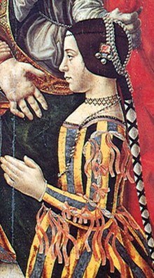 Мастер Пала Сфорца , Беатрис д'Эсте, деталь из Пала Сфорца , 1494–1495, Пинакотека Брера , Милан.