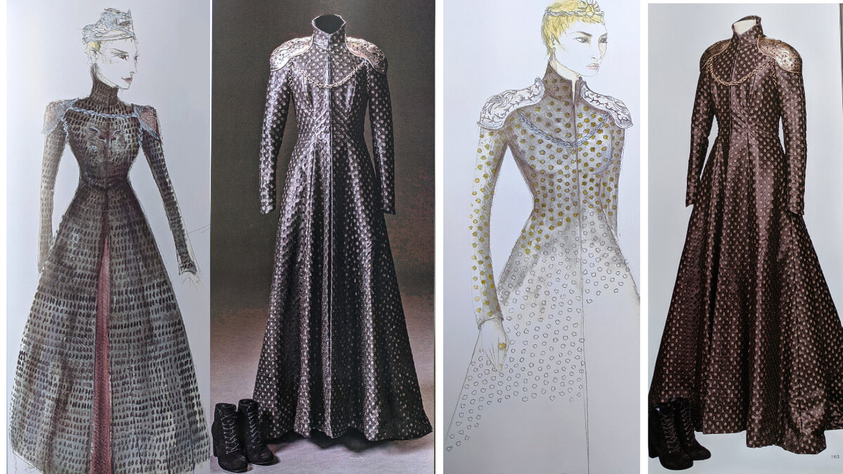 на первом эскизе видно, что сначала предполагалось красное нижнее платье и лев на груди, на втором сквозь перфорированную кожу проглядывает золотая ткань. При просмотре с десктопа нажмите картинку для увеличения