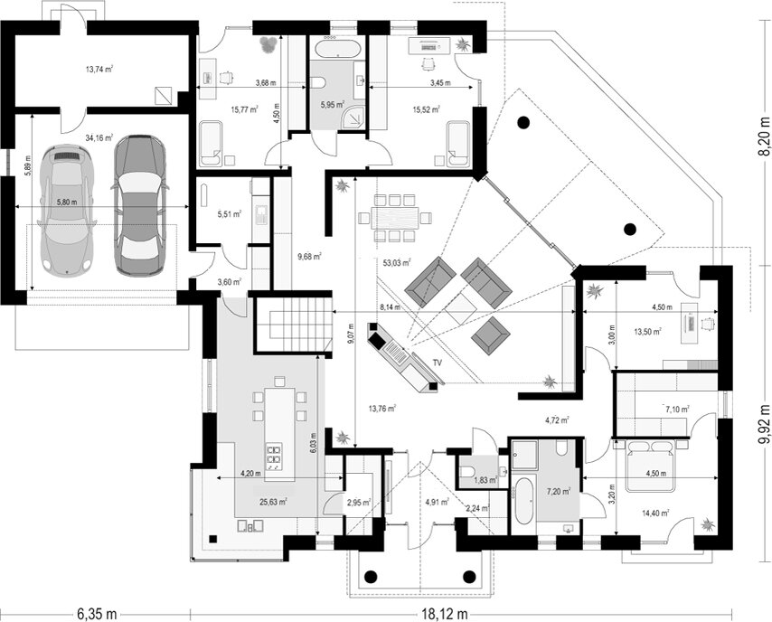 НЕОБЫЧНЫЙ план дома 300 м² с 4 спальнями и огромной гостиной.