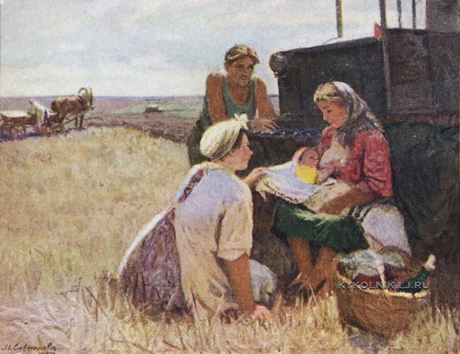 Крестьянская женщина кормит ребёнка грудью. 