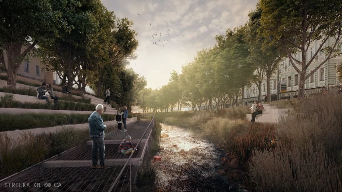 Гоголевский бульвар и раскрытый участок ручья Черторый. Иллюстрация: КБ Стрелка