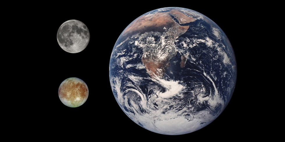 Сравнение размеров Земли, Луны и Европы / Wikimedia Commons📷
