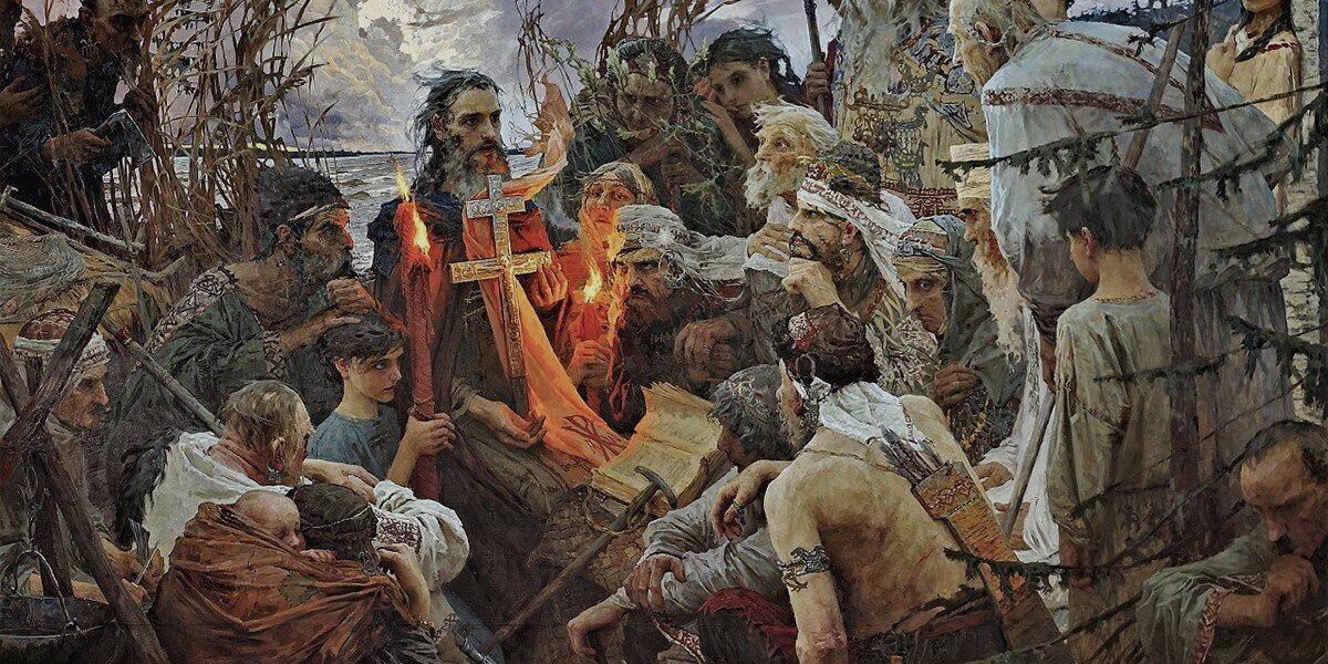 Первое крещение руси. Крещение Руси 988 князь Владимир. Леонтий Ростовский проповедует язычникам. Дороги войны Глазунов. Князь крестивший Русь в 988