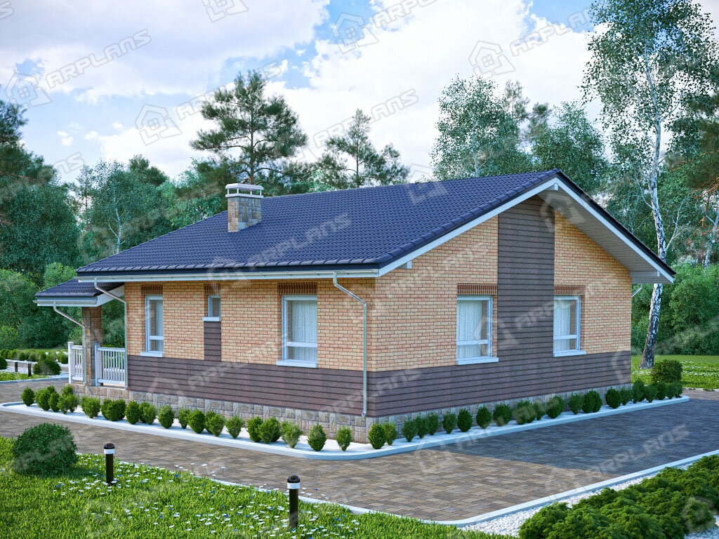 Фото 2 одноэтажного дома из газобетона с 1 спальней и террасой. 90 кв м. Источник arplans.ru Проект К-232