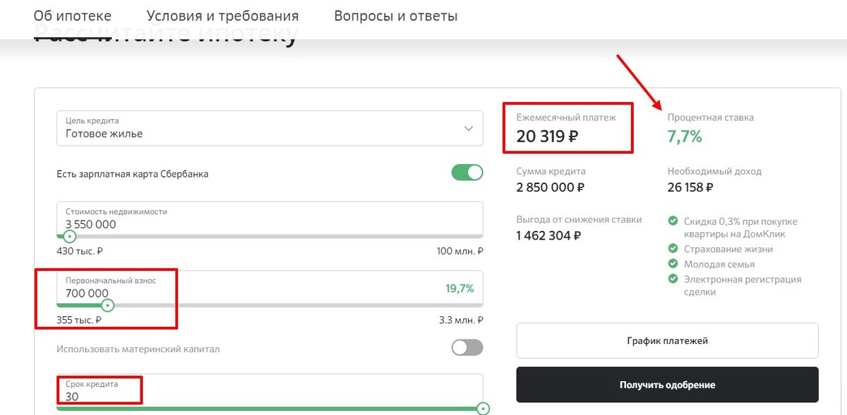 предварительный расчет платежей на ипотечном калькуляторе сбербанка
