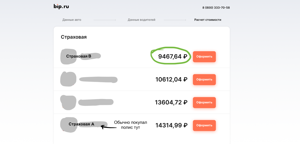 Сравнение цен на полис ОСАГО от разных страховых на сайте bip.ru