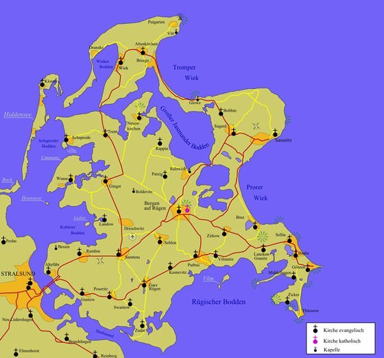 Карта Острова Рюгена с городами
